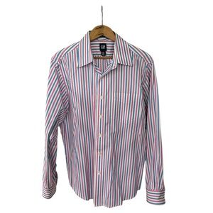 GAP | Men's White/Pink/Blue Long-Sleeve Vertical Stripe Button Down Shirt Size M